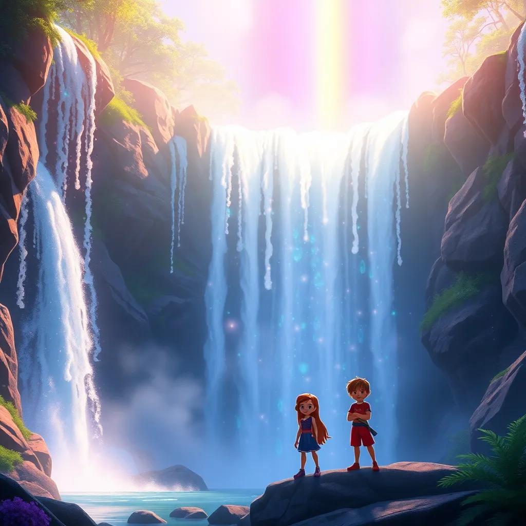 A hidden waterfall cascading down sparkling like jewels, with mist creating a rainbow above, Timmy, Mia, and Jake standing mesmerized beside the waterfall, magical feelings, vivid colors, high resolution