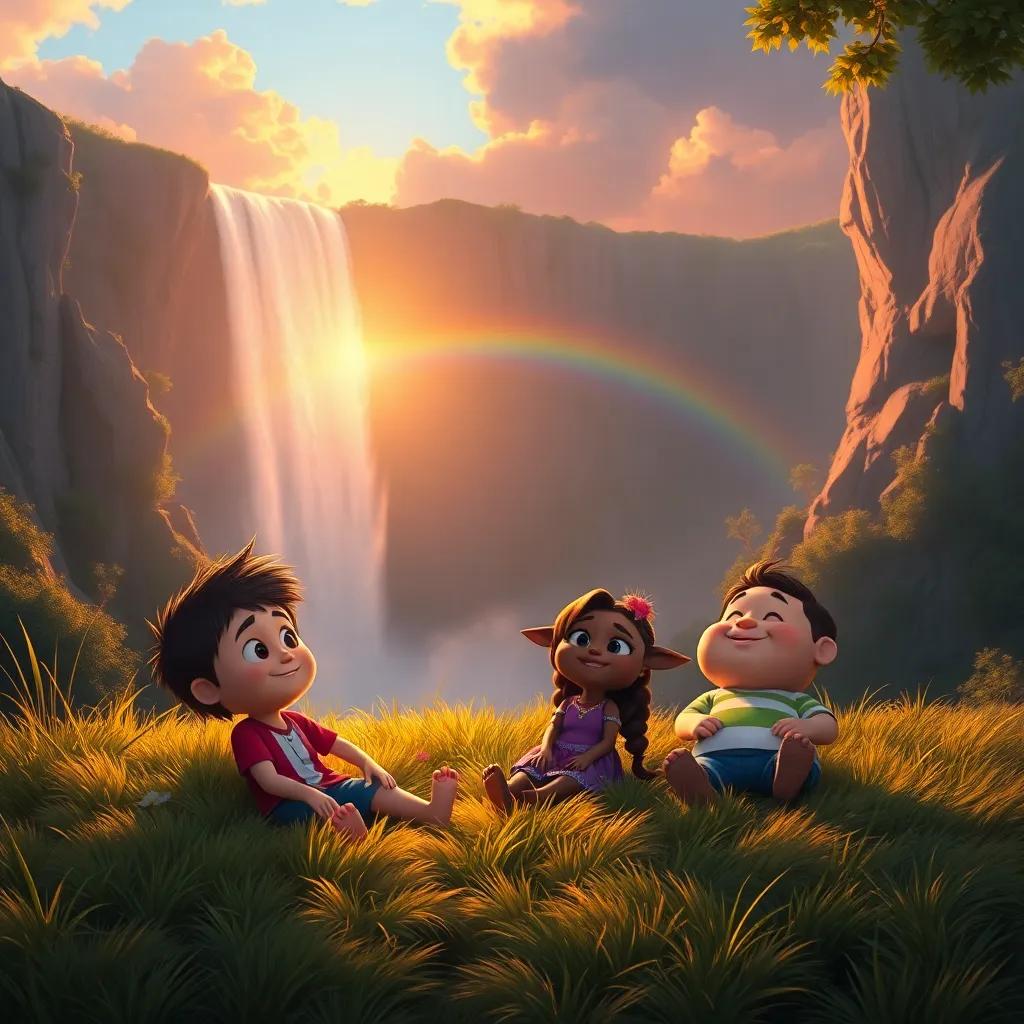Timmy, Mia, and Jake resting on soft grass near the waterfall, watching the rainbow dissipate into the sunset, relaxed and joyful expressions, warm golden light, enchanting scene, rich colors