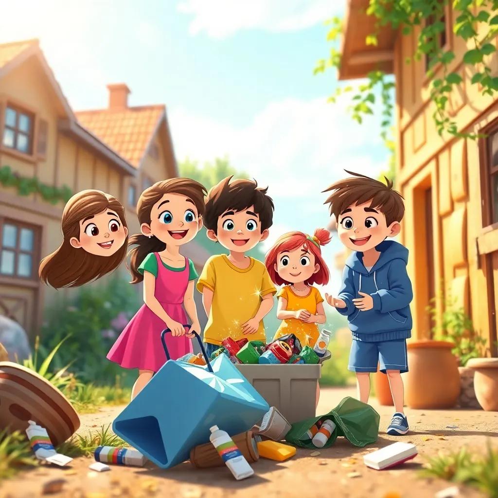 In a sunny village, four friends - Mia, a young girl with long brown hair wearing a bright pink dress, Leo, a boy with short blonde hair in a green T-shirt, Emma, a girl with curly black hair wearing a yellow top, and Jake, a boy with medium brown hair in a blue hoodie, are excitedly gathering trash that sparkles in the sun, whimsical and cheerful setting, bright colors and warm light, high quality