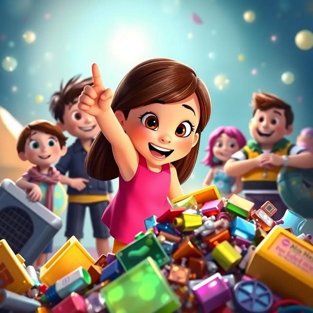 Mia, a young girl with long brown hair in a bright pink dress, pointing excitedly at a pile of trash, while Leo, Emma, and Jake look on with smiles, surrounded by various shiny objects, vivid and playful atmosphere, colorful illustration, engaging