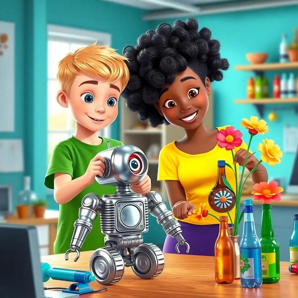 In a bright and lively workspace, Leo, a boy with short blonde hair in a green T-shirt, is working on a robot made from shiny cans, while Emma, with curly black hair in a yellow top, arranges colorful flowers made from bottles, whimsical style, vibrant colors, creativity and fun, high quality