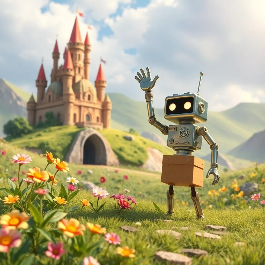 A magical scene in Recyclandia with dancing flowers and a waving shiny robot, created from the items the kids found, the landscape is filled with bright colors and a sparkling castle made from boxes, fantasy and excitement, child-friendly imagery, captivating detail
