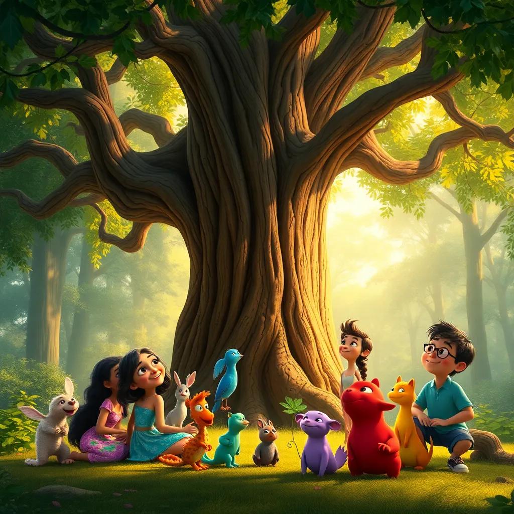 Beneath a wise old tree, a gathering of colorful creatures listening to the tree's message about caring for the earth, Mia, Leo, Emma, and Jake smiling and looking inspired, enchanted forest setting, warm light, magical and inviting atmosphere