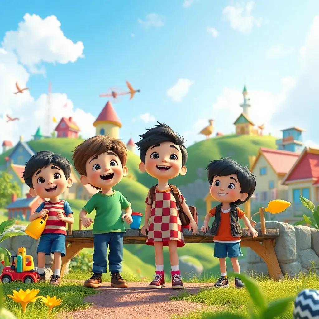 The kids are in Recyclandia, painting the skies with bright colors, creating bridges with toys, full of joy and laughter, a scene of friendship and adventure, vibrant and playful, child-friendly