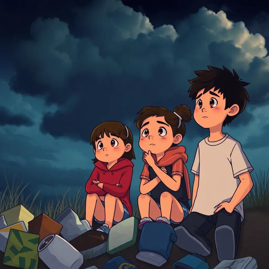The friends watching dark clouds together, feeling sad about the trash scattered around, unity and determination in their expressions, dramatic lighting, heartfelt moment, emotionally engaging