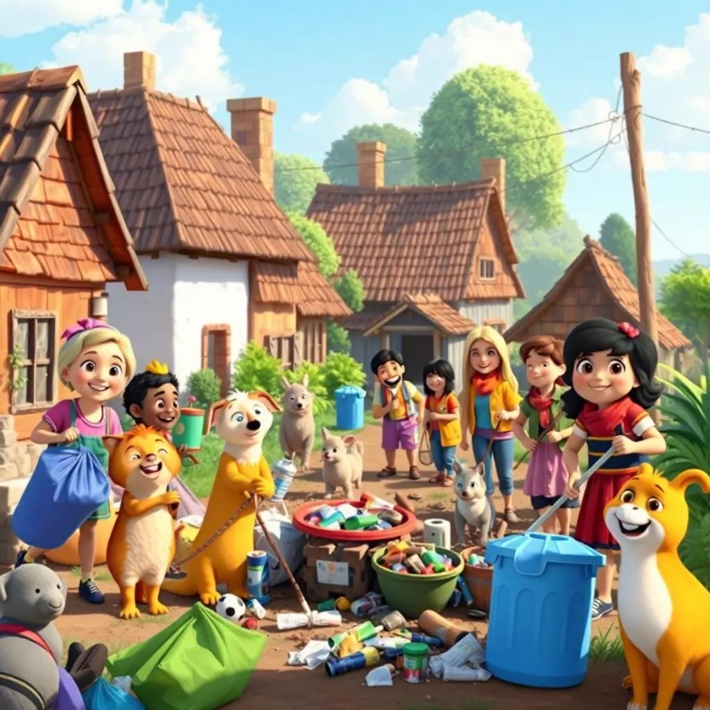 The village scene transformed, with all the friends and villagers picking up trash, animals helping, smiling faces, bright and lively colors, community spirit and teamwork, feel-good moment