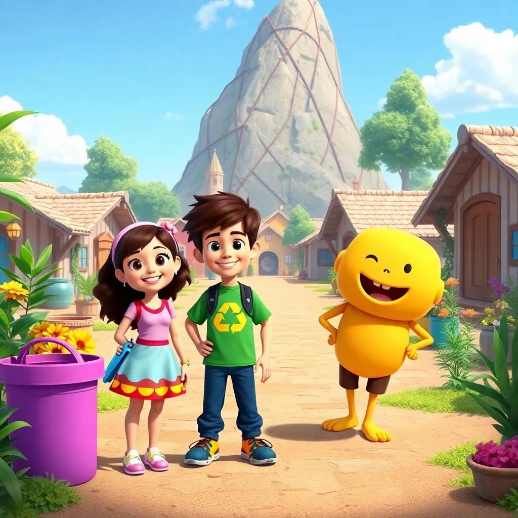 Mia, Leo, Emma, and Jake proudly standing in their clean village, now bright and beautiful, looking like Recyclandia, bright colors and happy atmosphere, inspiring and uplifting