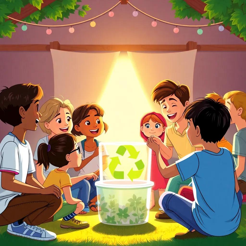 The friends teaching others about recycling, a joyful gathering of kids and adults learning together, colorful and vibrant scene, warm light, heartwarming moment