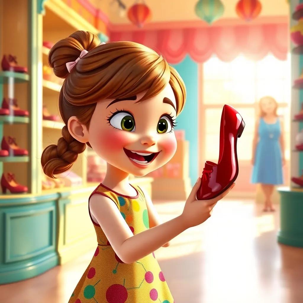 Anna, a cheerful young girl with brown hair in a colorful dress, excitedly looking at shiny red shoes in a vibrant shop, bright sunlight streaming through the window, joyful atmosphere, child-friendly, digital art