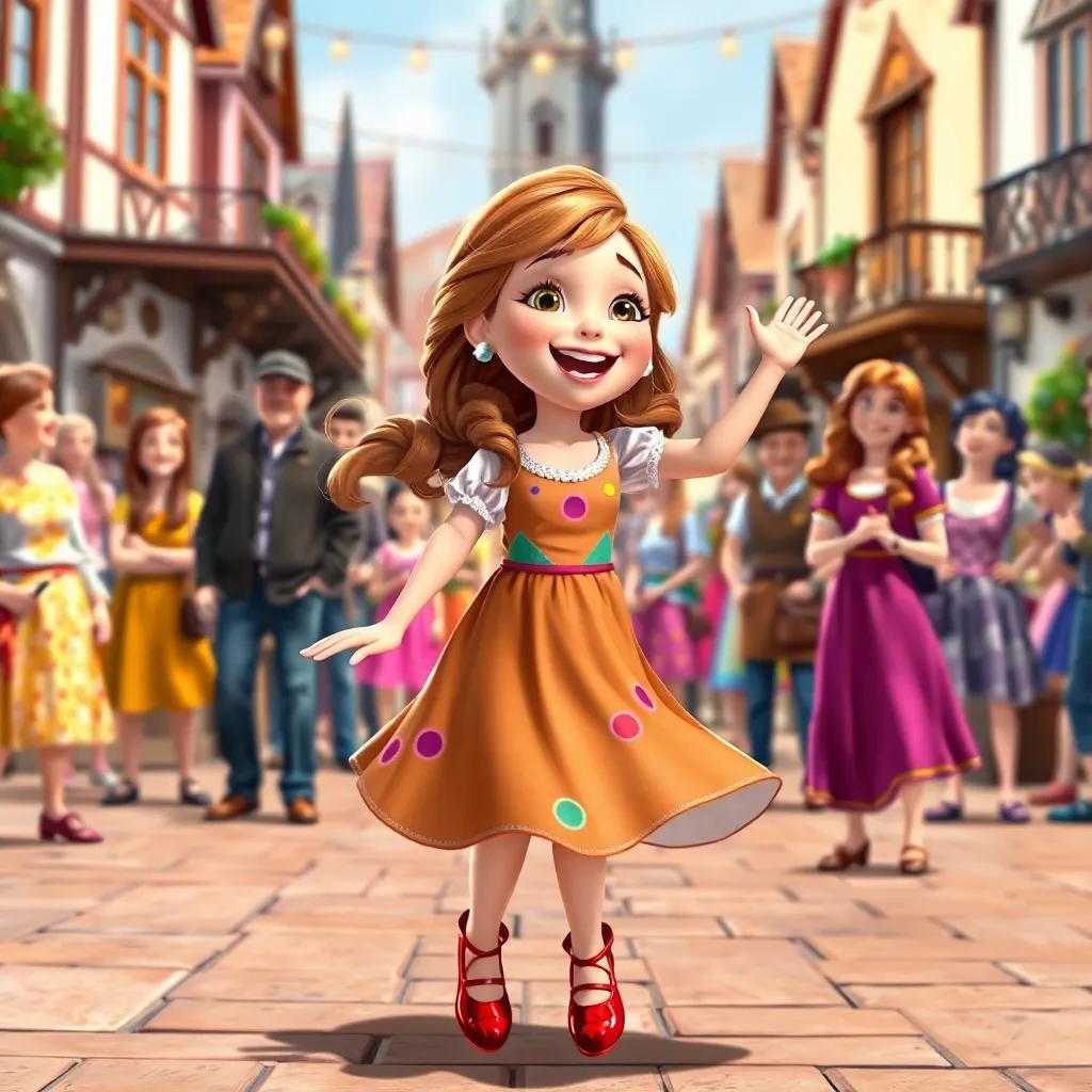 Anna, a young girl with brown hair in a colorful dress, wearing shiny red shoes, dancing joyfully but out of control in the town square, surrounded by laughing people, lively scene, bright colors, cheerful illustration