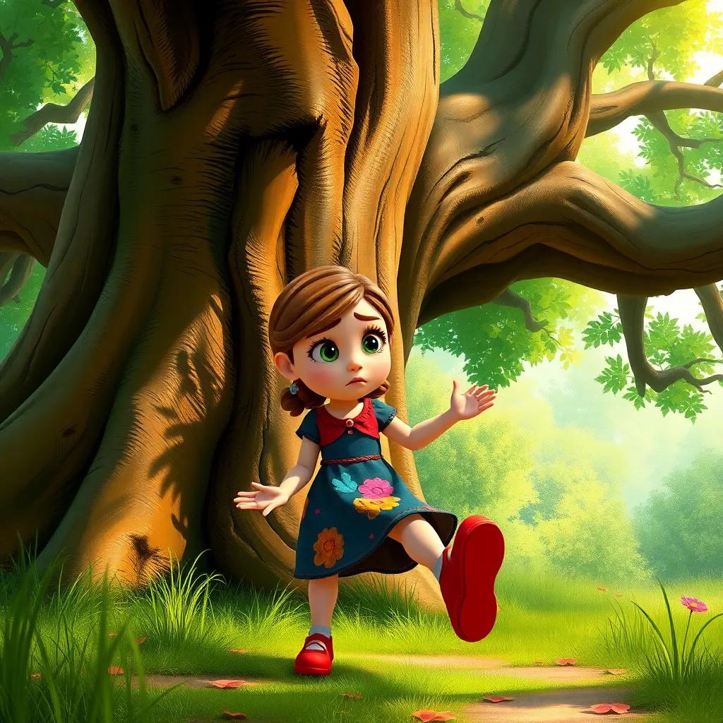Anna, a young girl with brown hair in a colorful dress, trying to stop her dancing red shoes near a large old tree, with her worried face showing determination, lush green surroundings, expressive art, warm light