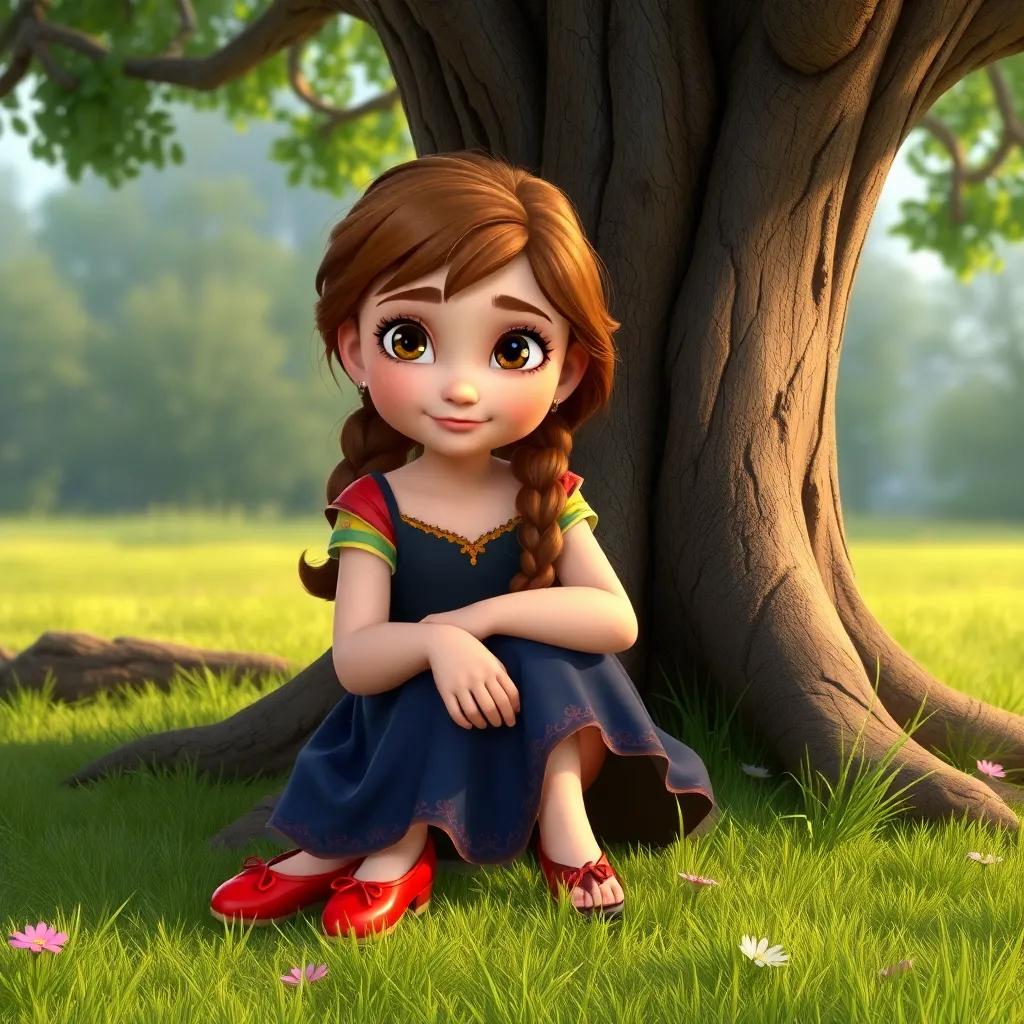 Anna, a young girl with brown hair in a colorful dress, sitting on the grass near the old tree, finally looking peaceful and thoughtful, the magic red shoes resting beside her, tranquil scene, soft colors, detailed
