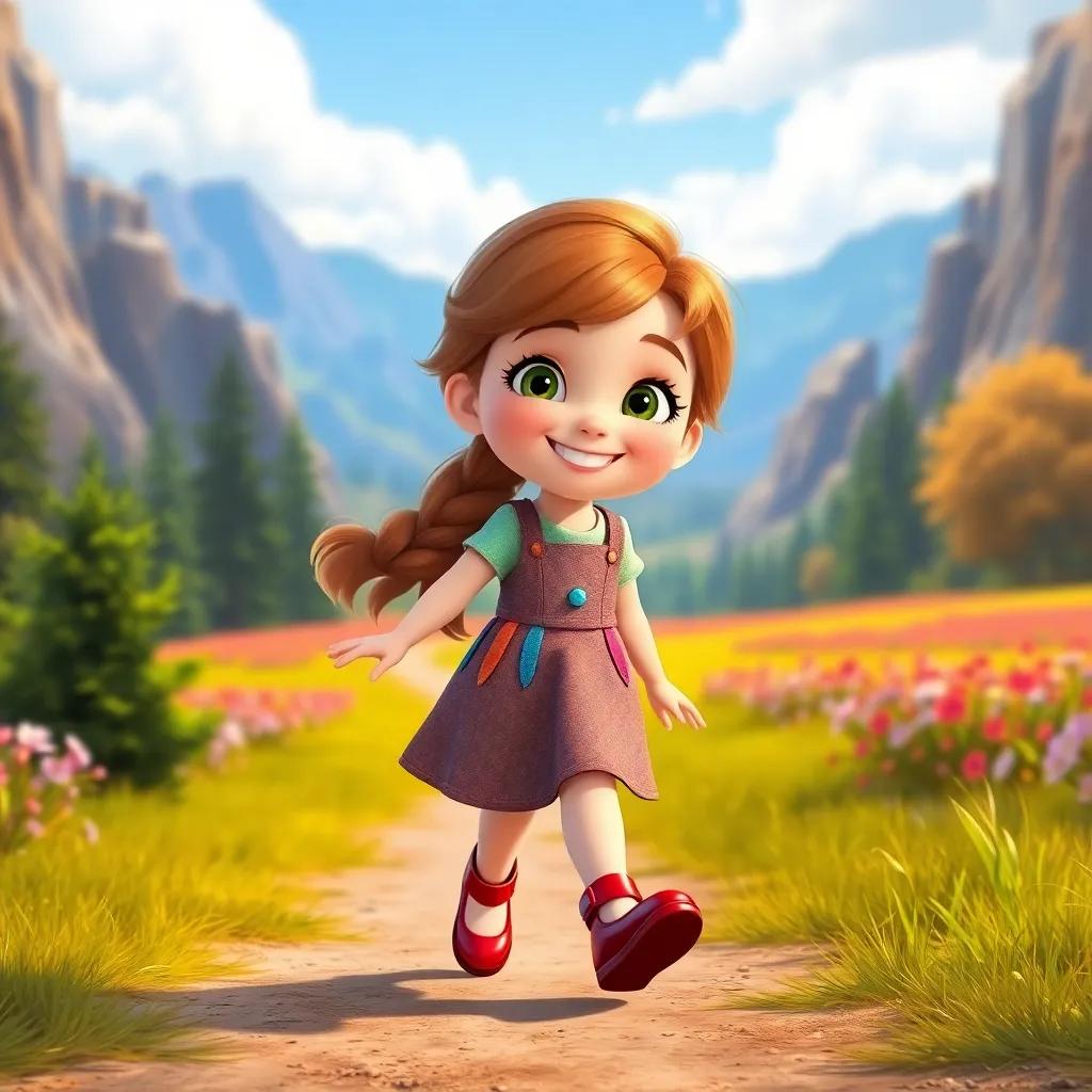 Anna, a cheerful young girl with brown hair in a colorful dress, walking away from the shiny red shoes with a bright smile, filled with joy and wisdom, vibrant landscape behind her, uplifting mood, child-friendly