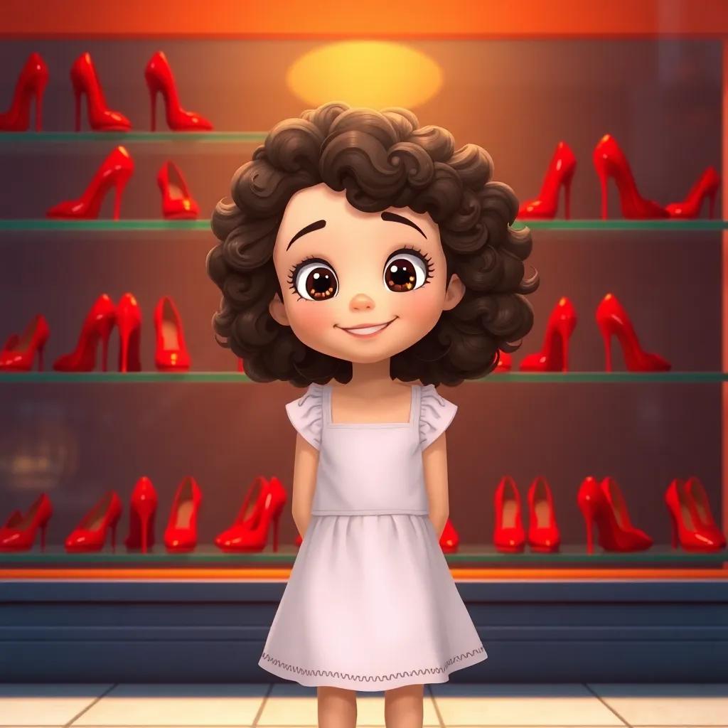 A young girl, Mia, with curly brown hair, wearing a simple dress, standing in front of a shop window filled with shiny red shoes, bright colors, joyful scene, cheerful atmosphere, high quality