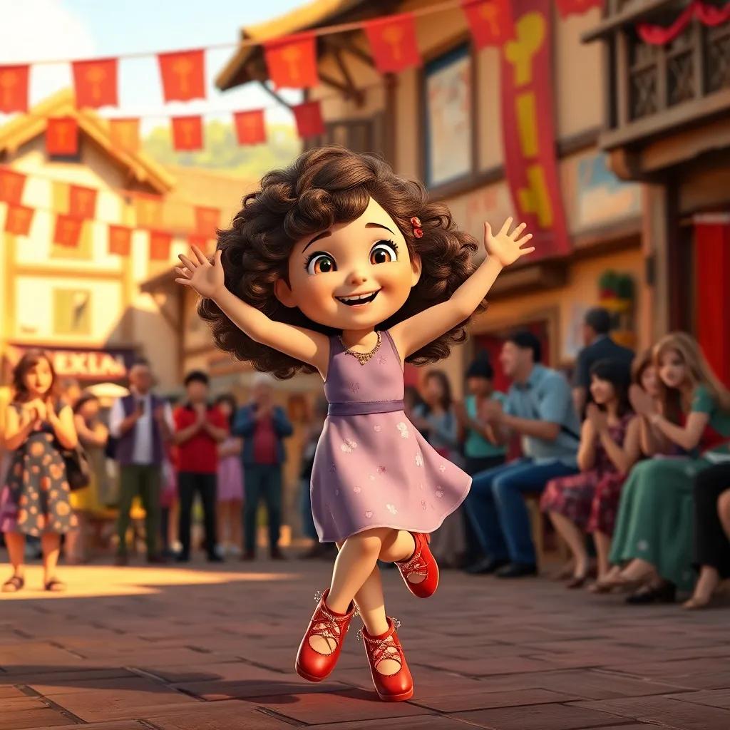Mia, a young girl with curly brown hair, wearing sparkling red shoes, dancing joyfully in the village square, audience clapping, colorful banners, warm sunlight, festive mood, high quality