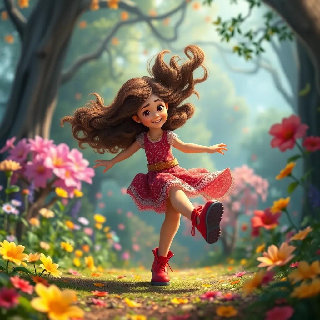 Mia, a young girl with curly brown hair in her red shoes, spinning gracefully in a wild dance, colorful flowers and trees around her, vibrant and magical forest, enchanting atmosphere, high quality