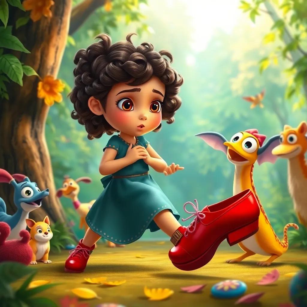 Mia, a young girl with curly brown hair, trying to control the dancing red shoes with determination, surrounded by colorful forest creatures, vibrant colors, important lesson scene, high quality