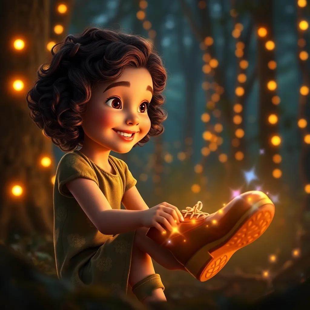 Mia, a young girl with curly brown hair, smiling as the enchanted shoes slow down, surrounded by magical forest lights, warm and serene ambiance, happy moment, high quality