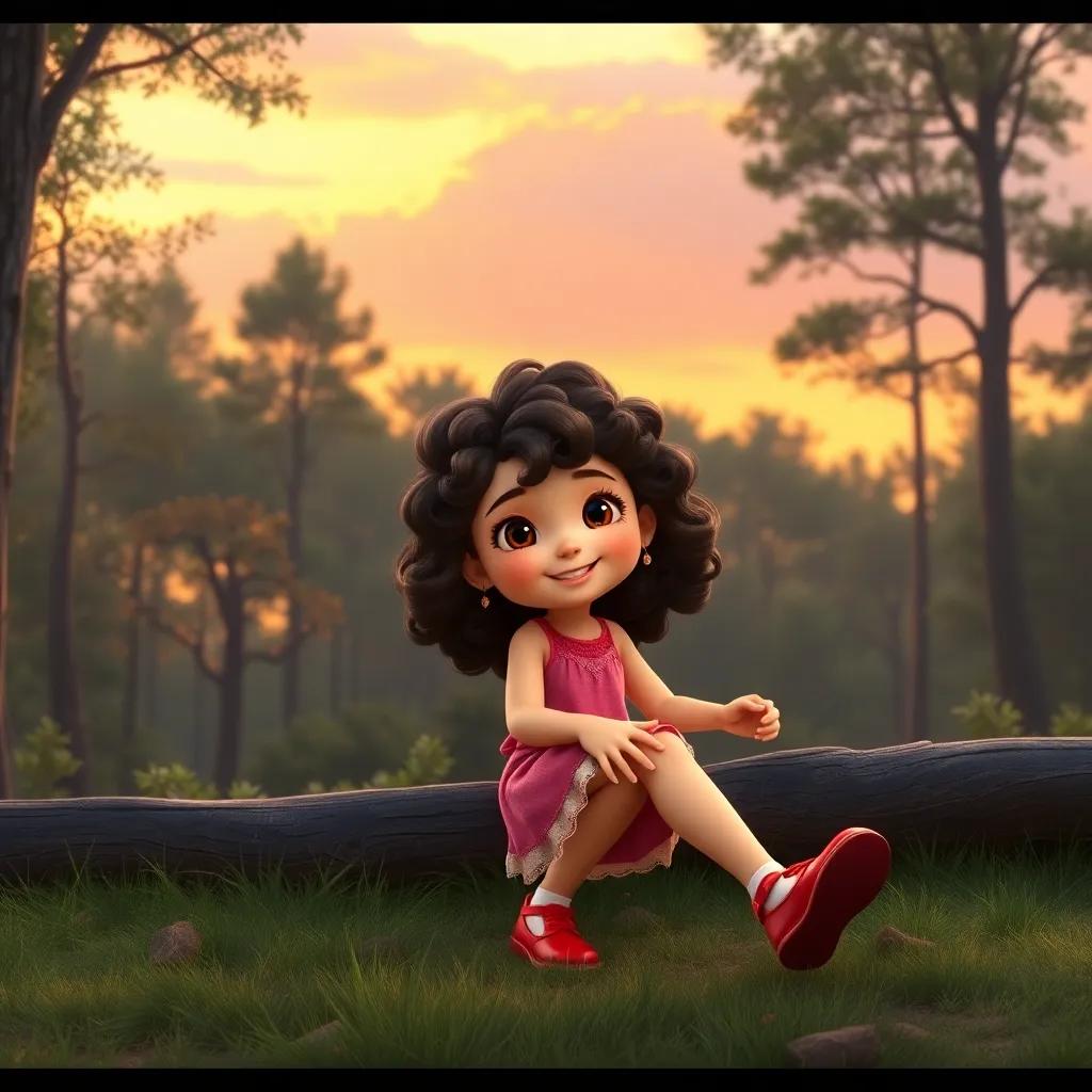 Mia, a young girl with curly brown hair, confidently dancing with the red shoes, resting while enjoying the forest scenery, peaceful sunset colors, joyful expression, high quality