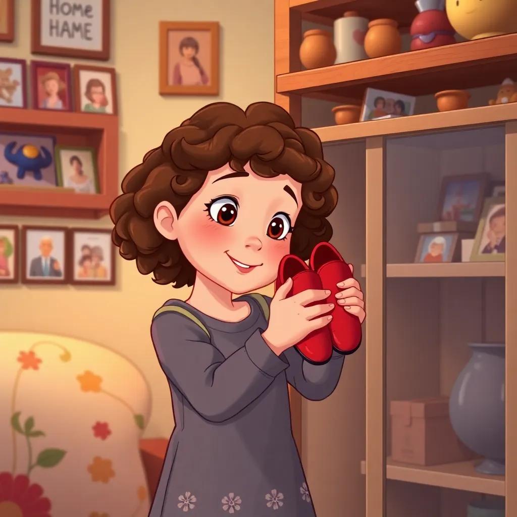 Mia, a young girl with curly brown hair, proudly placing the red shoes on a shelf at home, filled with memories around her, warm family environment, bright colors, fulfilling moment, high quality