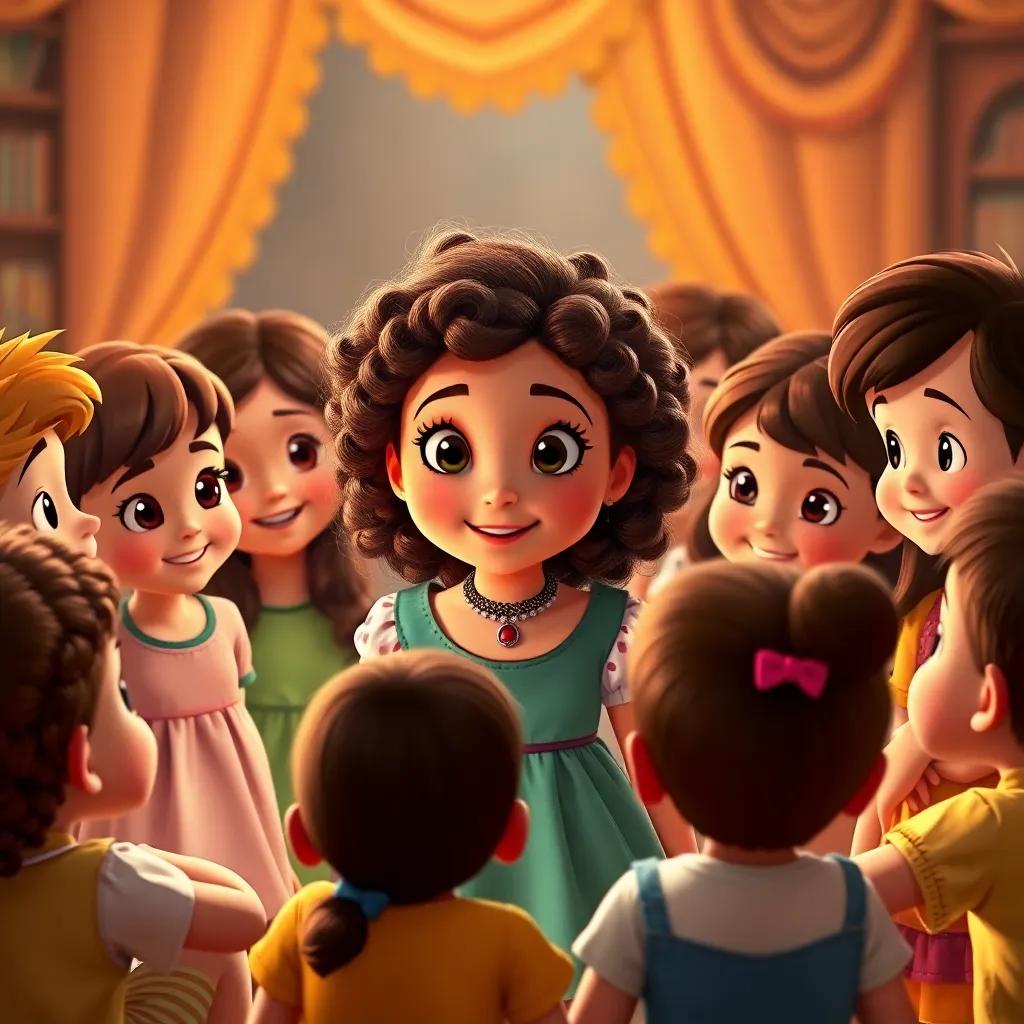 Mia, a young girl with curly brown hair, teaching other children about the lessons of the red shoes, gathered in a circle, cheerful and enriching scene, warm atmosphere, high quality