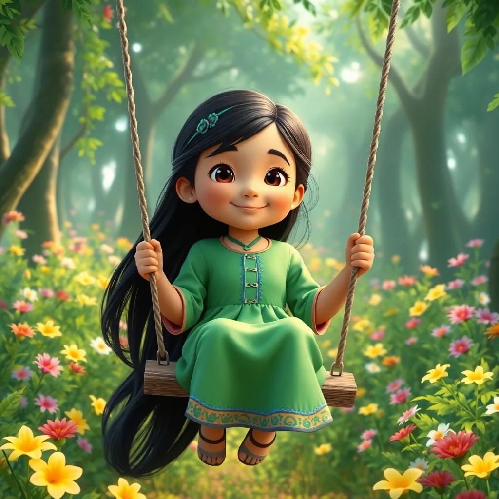 A young Malay girl, Princess Maryam, with long, black hair wearing a traditional baju kurung, playing on a swing in a lush green forest filled with colorful flowers, digital art, cheerful vibe, bright colors, inviting atmosphere, high quality