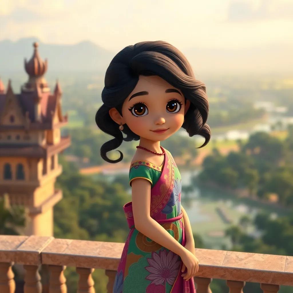 A young Cambodian girl, Princess Amira, with wavy black hair wearing a colorful silk dress, standing on a palace balcony overlooking a beautiful landscape, digital art, warm colors, hopeful perspective, high quality, heartwarming scene