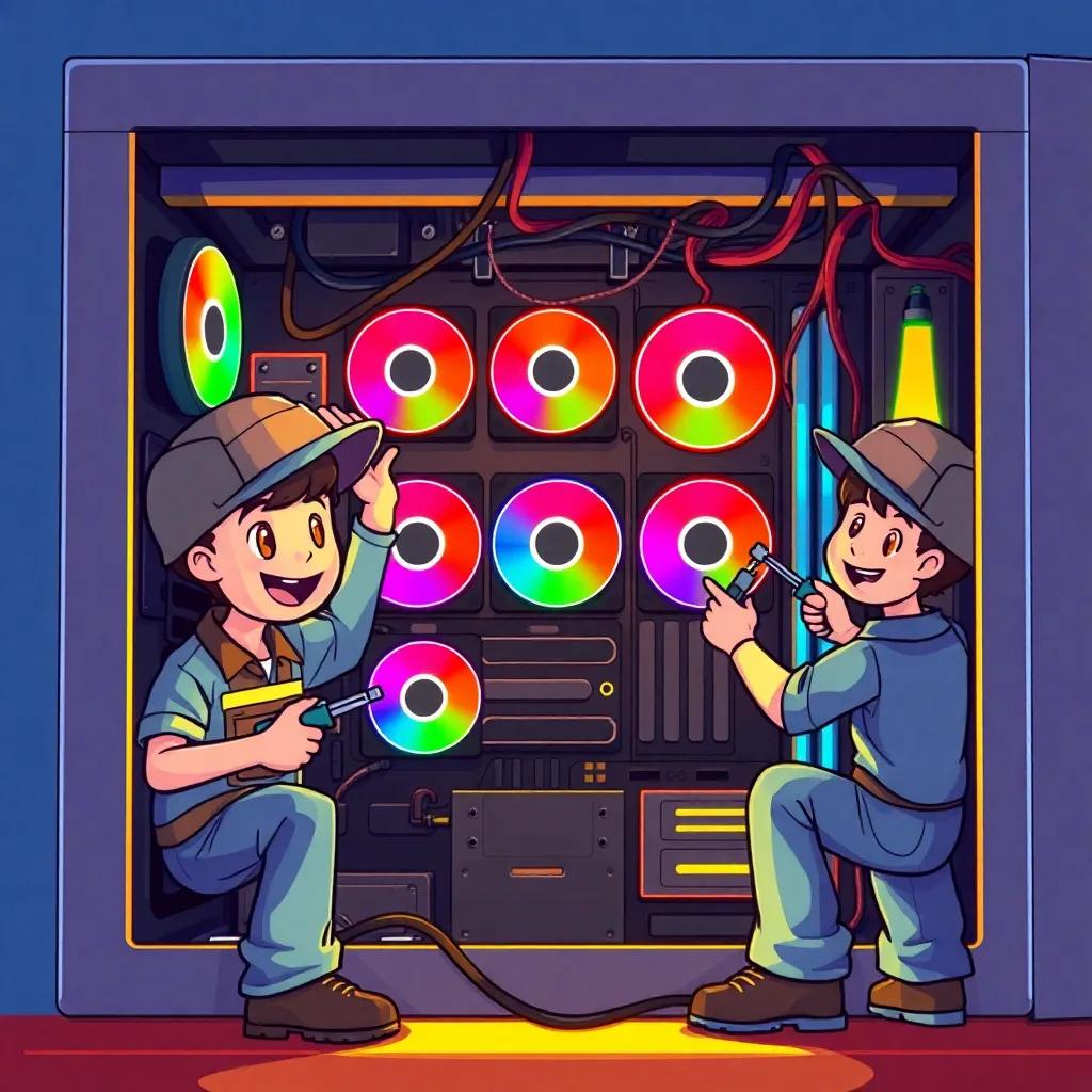 Workers happily entering the opened front panel of the computer, fixing the RGB fans with tools, with wires and bright colors, focused and engaging scene, illustration, warm light, lively atmosphere, child-friendly