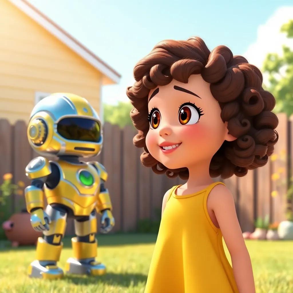A young girl, Rhea, with curly brown hair, wearing a yellow dress, standing in a sunny yard, looking excited at a shiny robot, bright and colorful, cartoon style, cheerful mood, high quality