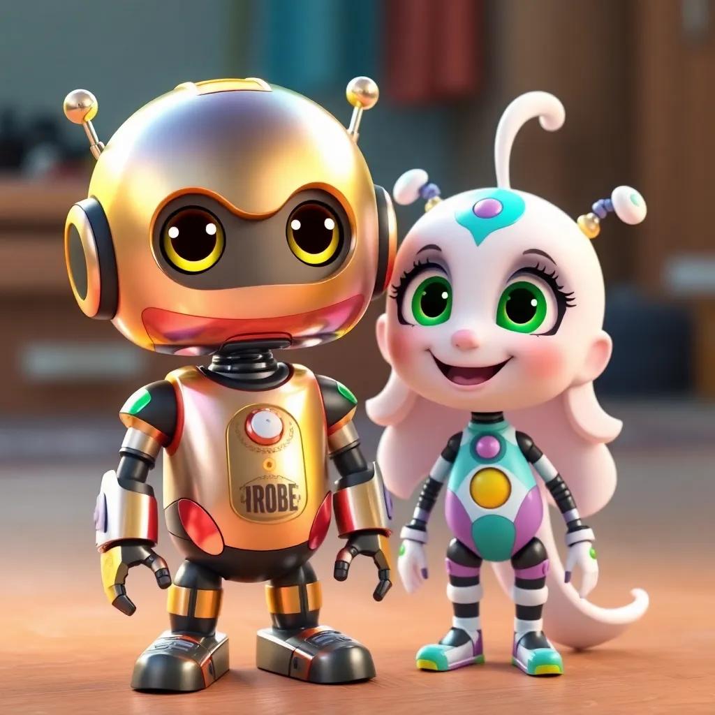 A shiny robot named Robbie, with a friendly face, colorful body, and big eyes, standing next to Rhea, both smiling and ready to play, digital art, lively colors, fun atmosphere, high quality