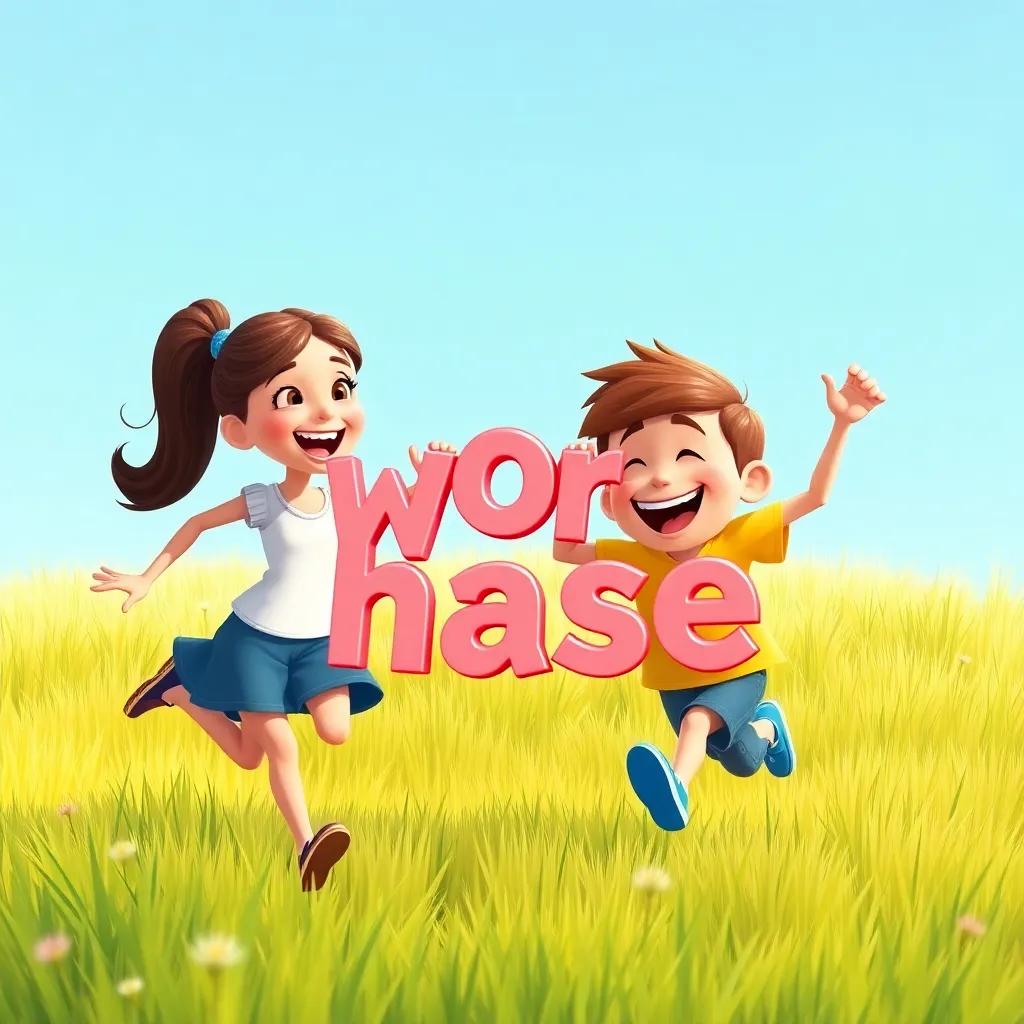 Rhea and Robbie playing a word chase game in a grassy field, laughing and running with joy, illustrated in vibrant colors, playful scene, child-friendly style, high quality