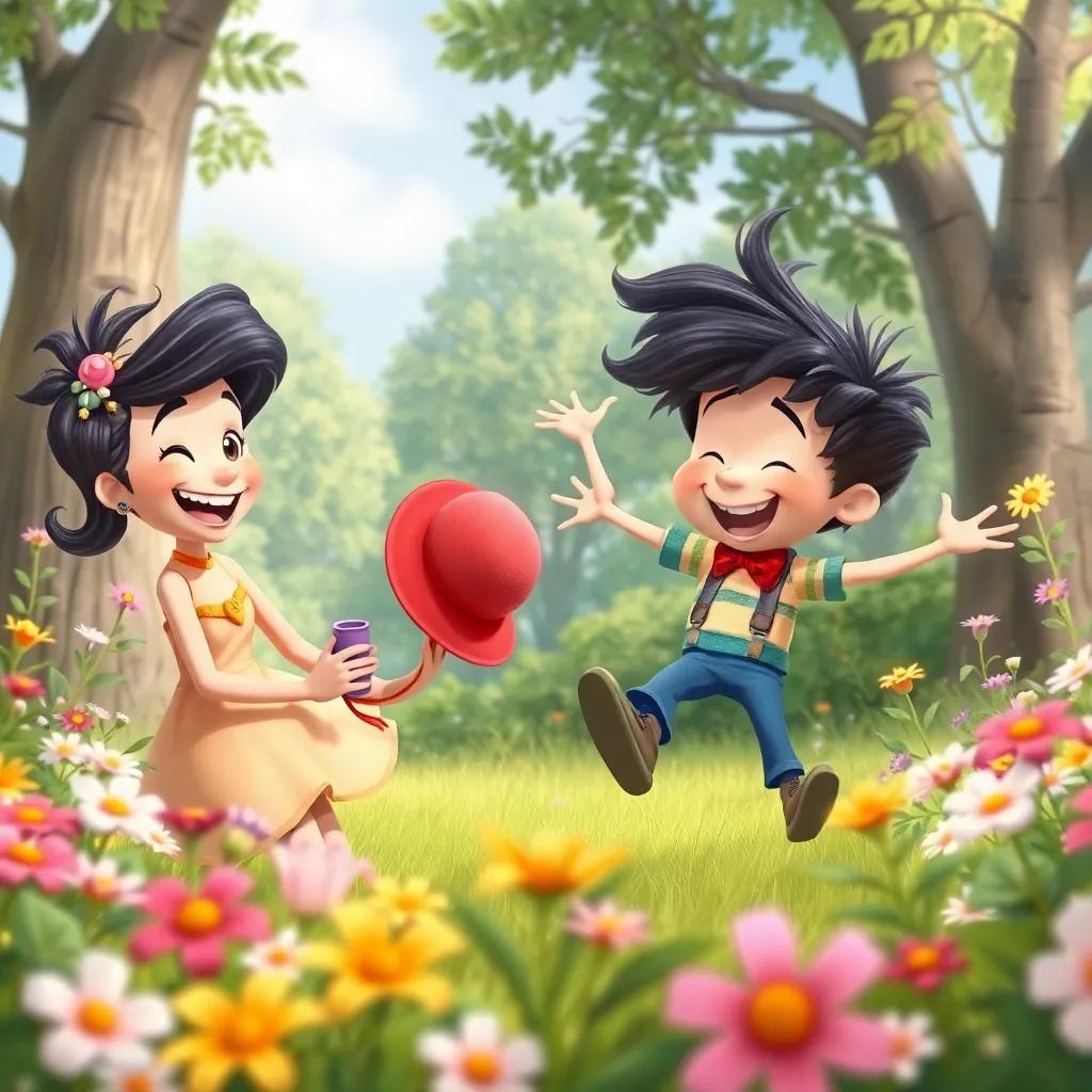 Rhea, laughing, holding a toy hat, and Robbie spinning around with excitement, surrounded by flowers and trees, joyful scene, bright colors, whimsical art style, high quality