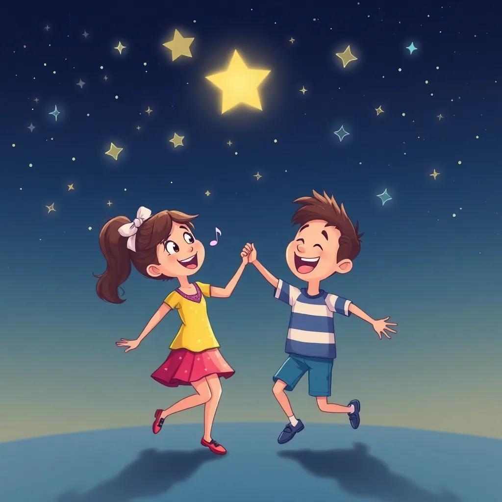 Rhea and Robbie dancing together under a bright starry sky, singing silly songs, both full of joy and laughter, whimsical illustration, colorful night scene, high quality