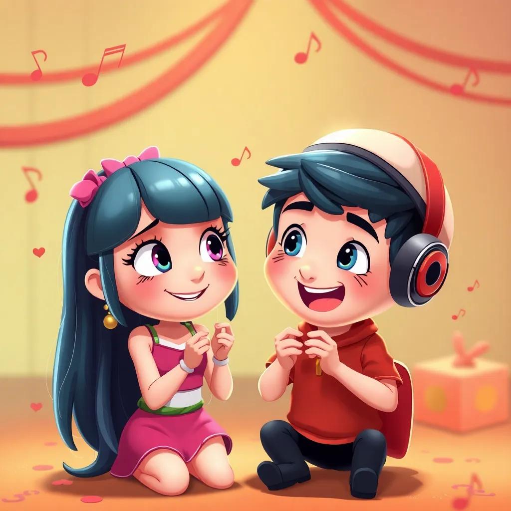 Rhea and Robbie creating a silly rhyme together, with musical notes around them and a fun backdrop, lighthearted digital art style, vivid colors, high quality