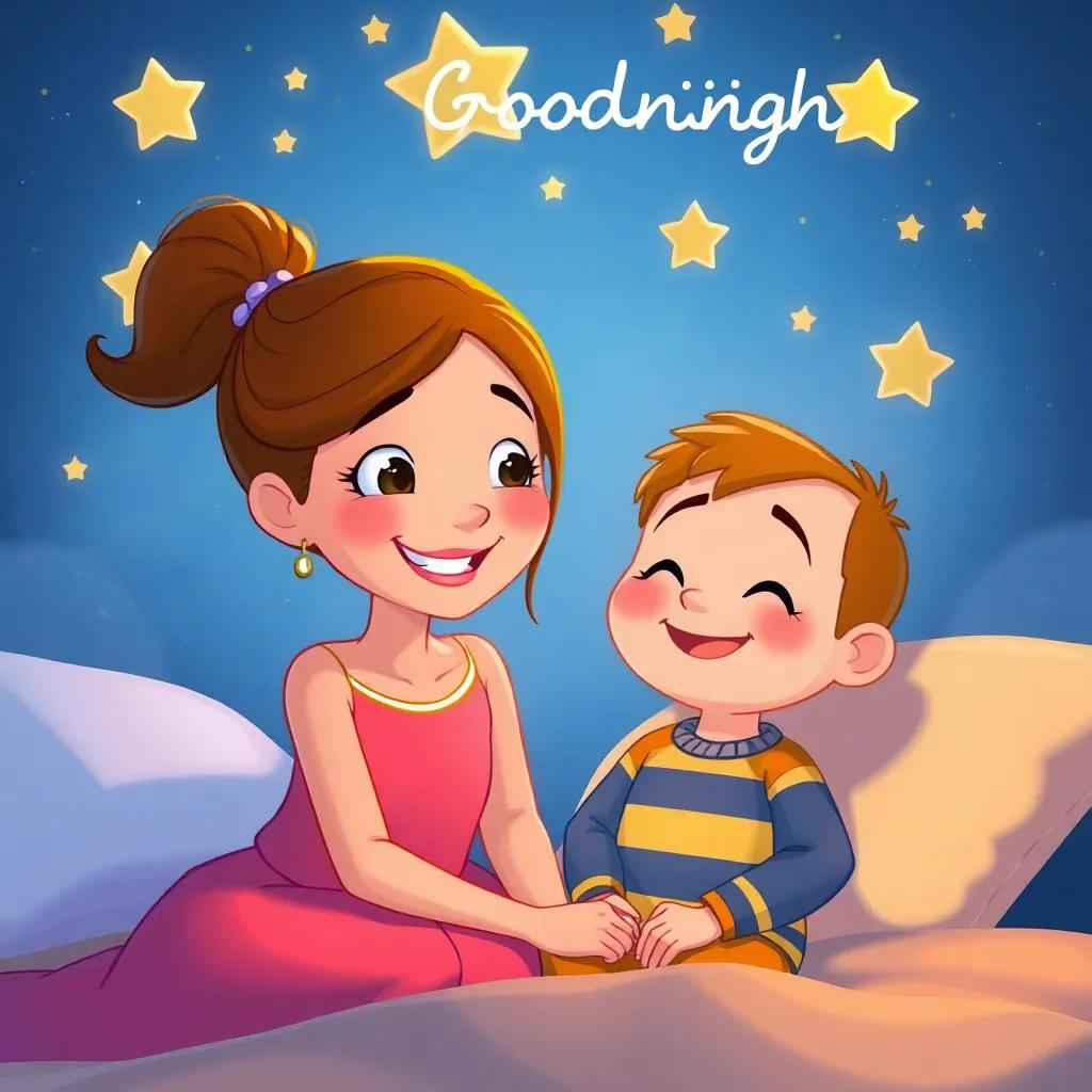 Rhea saying goodnight to Robbie as the stars twinkle above them, both with happy smiles, warm and inviting atmosphere, bright colors, whimsical bedtime illustration, high quality