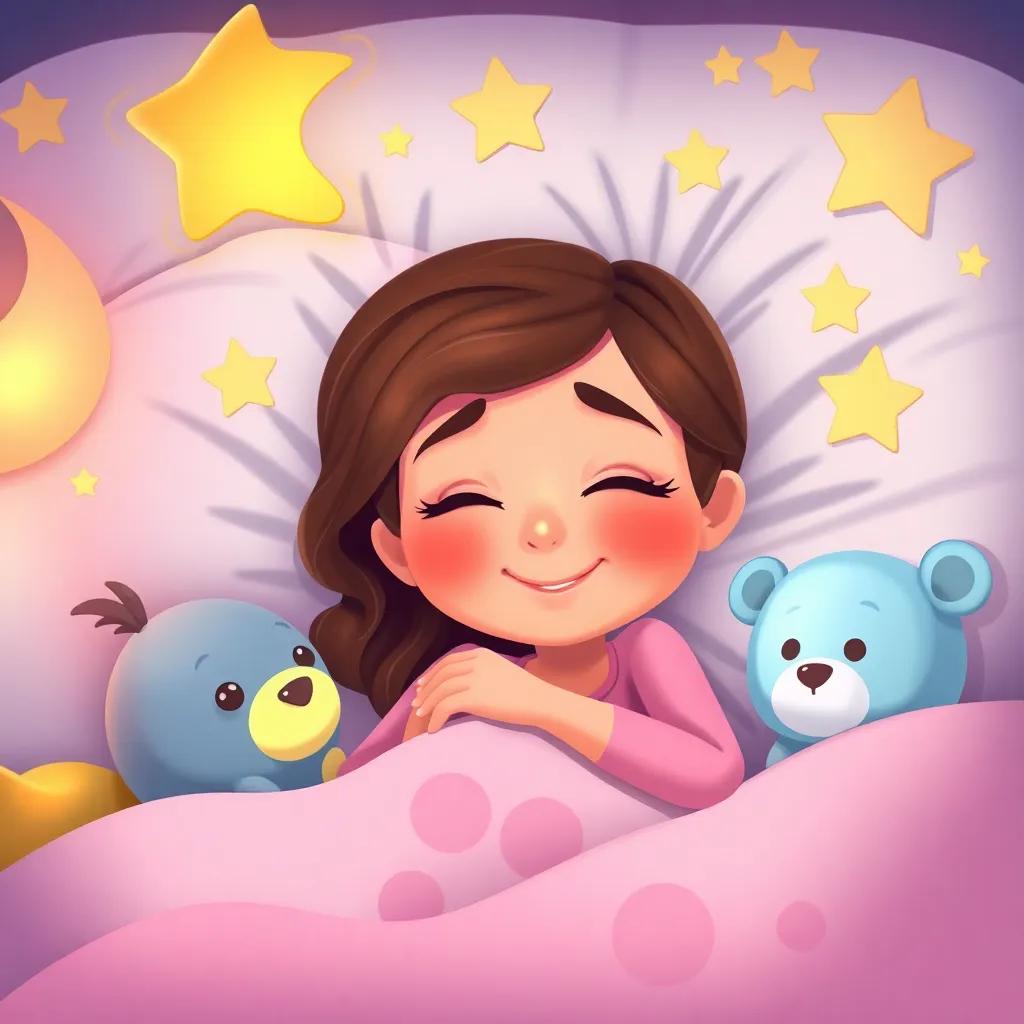 Rhea sleeping peacefully in her bed, with a smile on her face, surrounded by soft toys and colorful dreams, cozy and warm illustration, soft colors, high quality