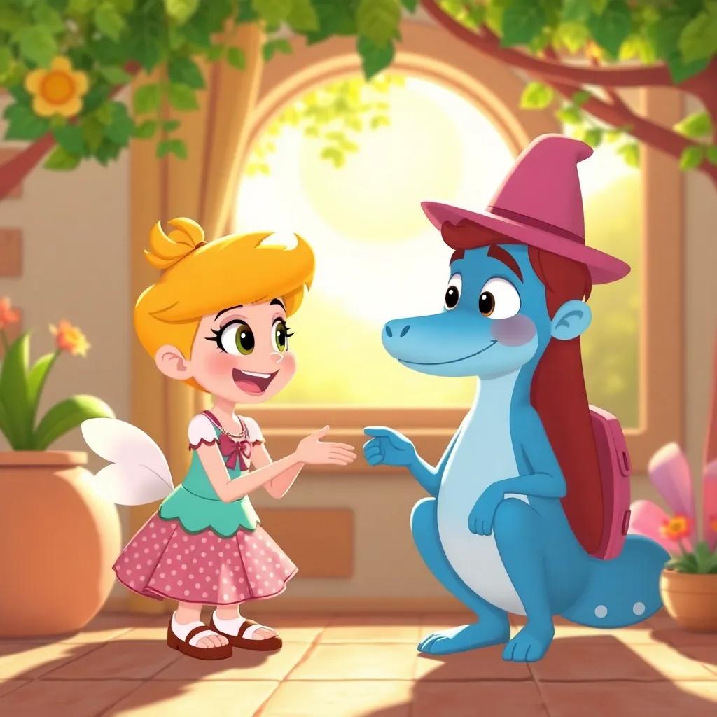 Rhea meeting Robbie again the next day, both excited and ready for more rhyming fun, bright sunshine and a beautiful day ahead, cheerful art style, vibrant colors, high quality