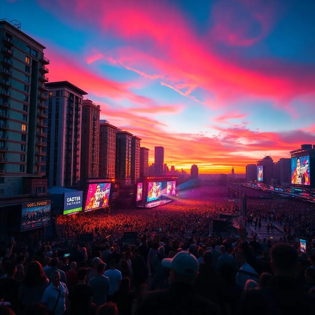 A vibrant city at sunset, with bright lights in buildings, showcasing a large concert venue filled with excited fans, digital art, colorful, lively atmosphere, detailed scene, high quality
