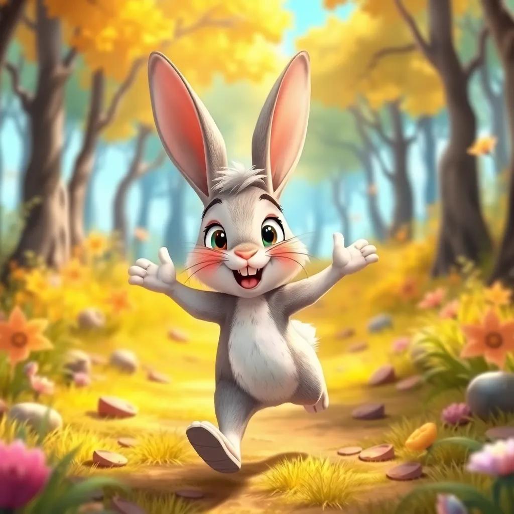 A clever rabbit named Ricky with floppy ears, hopping excitedly in a sunny forest, cheerful and bright atmosphere, digital art, vibrant colors, whimsical style, high quality