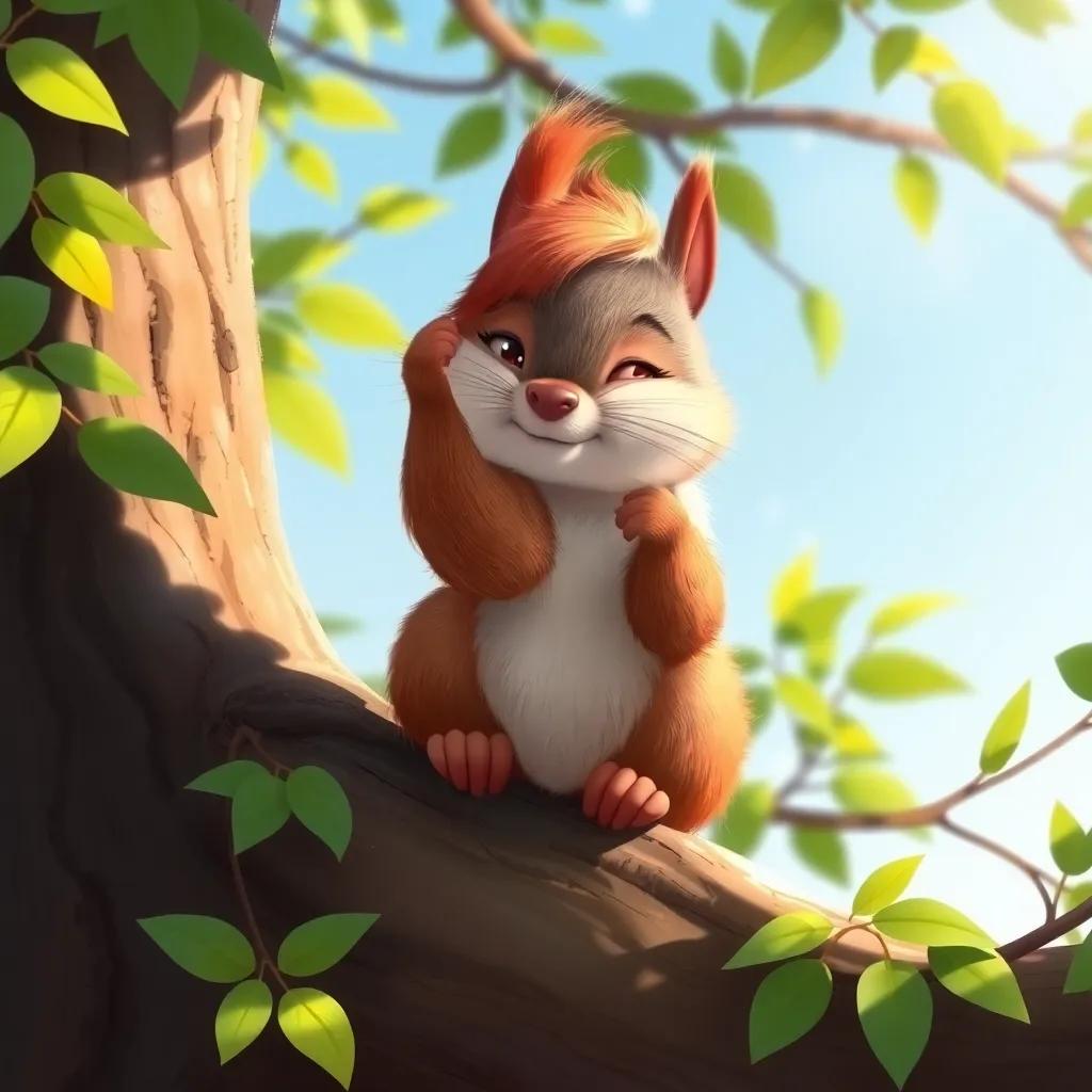 A fluffy squirrel named Sally, sitting on a tree branch, deep in thought with a paw on her head, surrounded by green leaves, digital painting, colorful, playful mood, bright sunlight