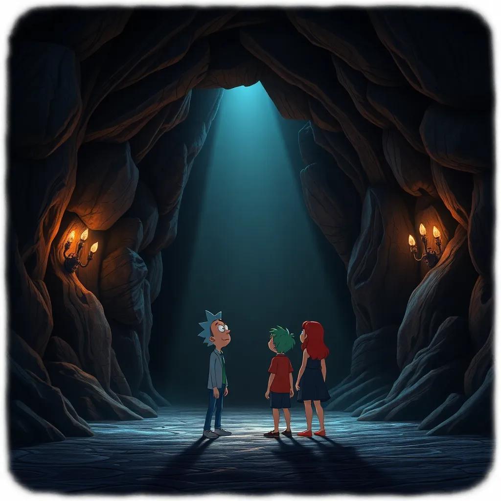A mysterious dark cave entrance with echoing sounds, Ricky and Sally standing before it, looking curious and a little scared, atmospheric lighting, detailed, magical vibe, high quality