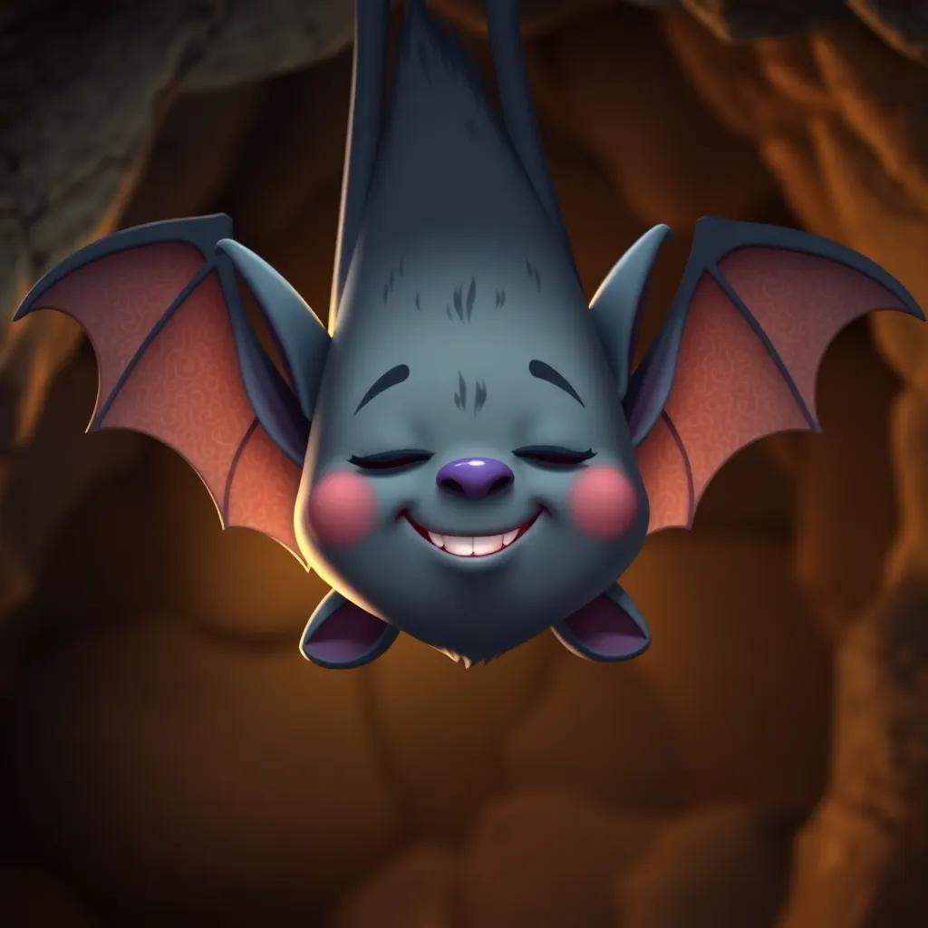 Benny the Bat, hanging upside down with a sleepy expression, inside the cave, warm light glimmering off his shiny teeth, charming and friendly look, digital art, high quality
