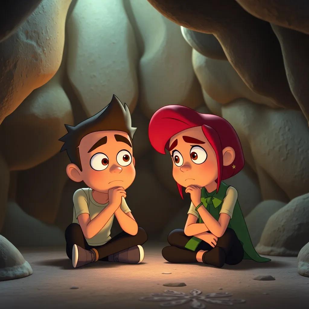 Ricky and Sally pondering together, with furrowed brows and looks of concentration, surrounded by cave walls illuminated by soft light, whimsical style, inviting atmosphere, high detail