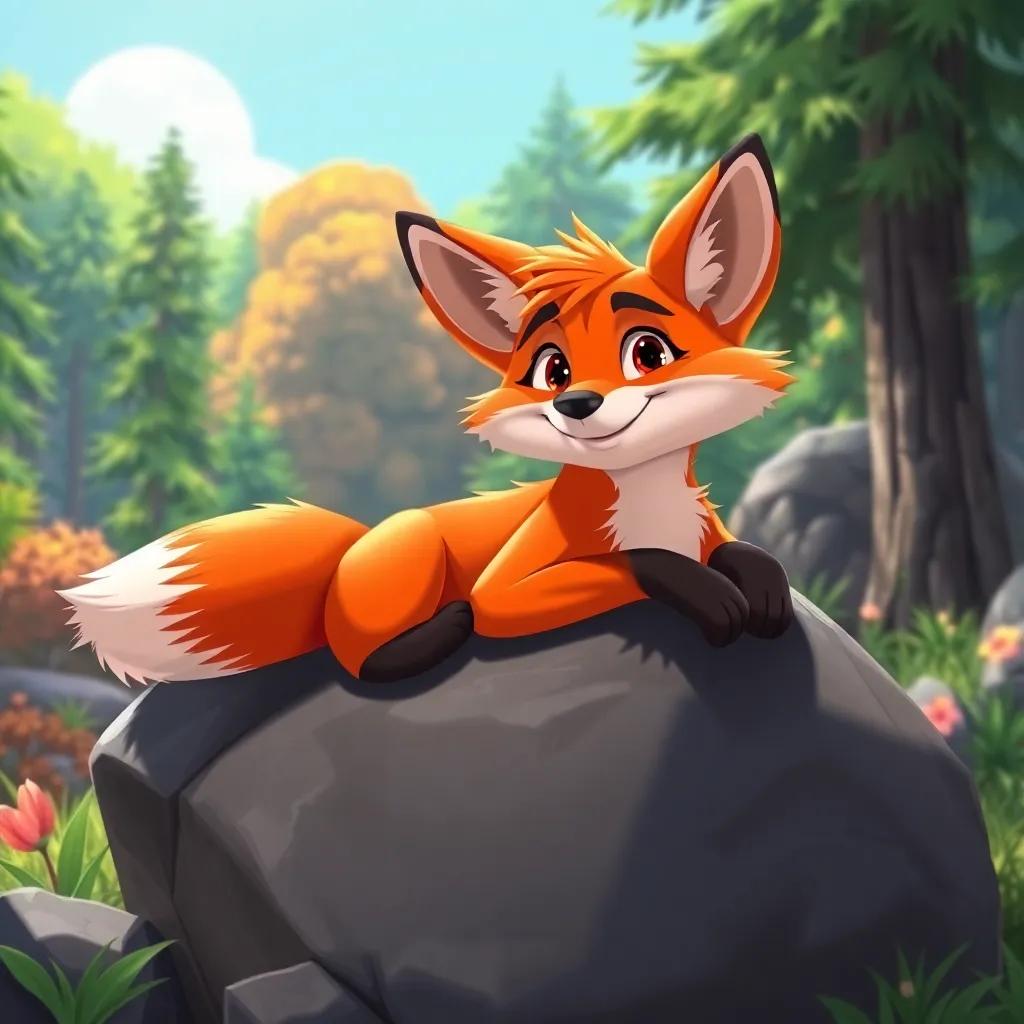 Freddy the Fox, lounging on a rock, looks cool and wise with a slight smile, vibrant forest surroundings, sunny day, digital art, bright colors, friendly