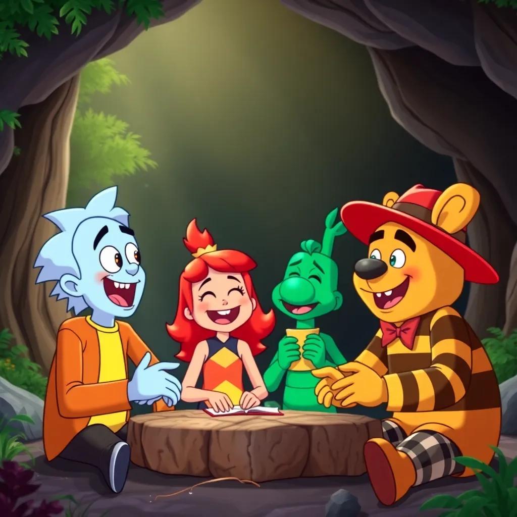 A joyful scene where Ricky, Sally, Benny, and Freddy are celebrating their friendship with riddles, surrounded by trees and cave walls, laughter and excitement, colorful, cheerful mood, high quality