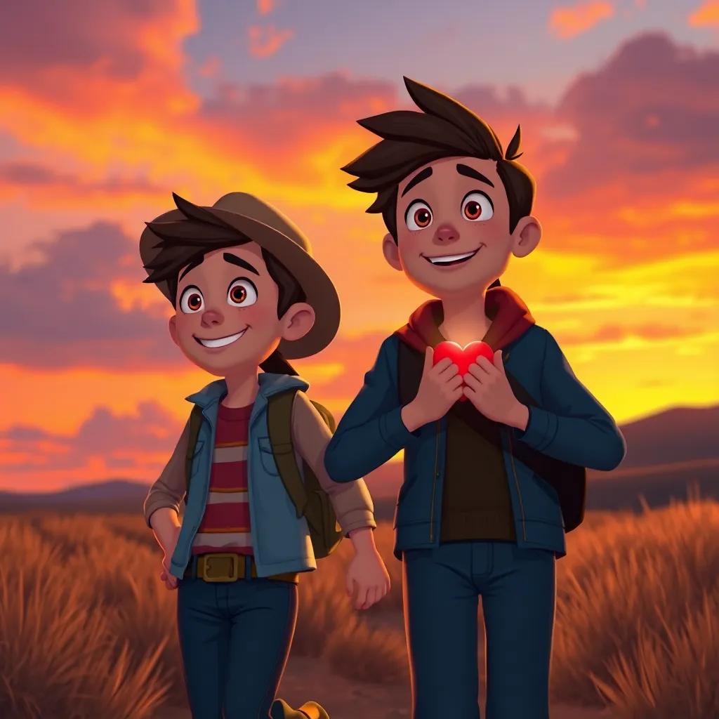 Ricky and Sally parting ways at sunset, the sky painted in hues of orange and pink, both smiling with hearts full of adventure, magical feeling, digital painting, warm and inviting colors, high quality