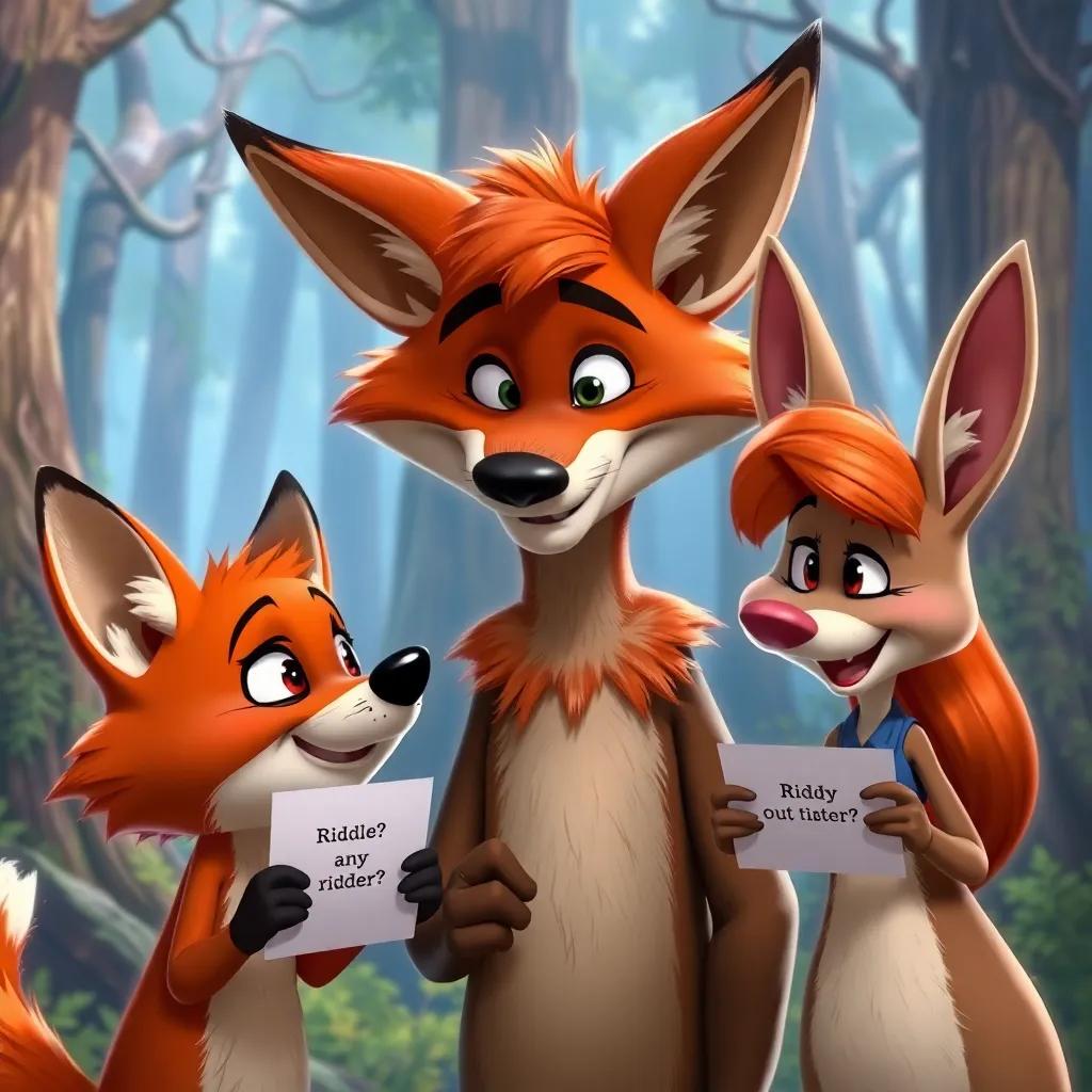 Freddy the Fox, looking impressed with a smile, as Ricky and Sally demonstrate their riddle skills, playful atmosphere, detailed background of the forest, high quality