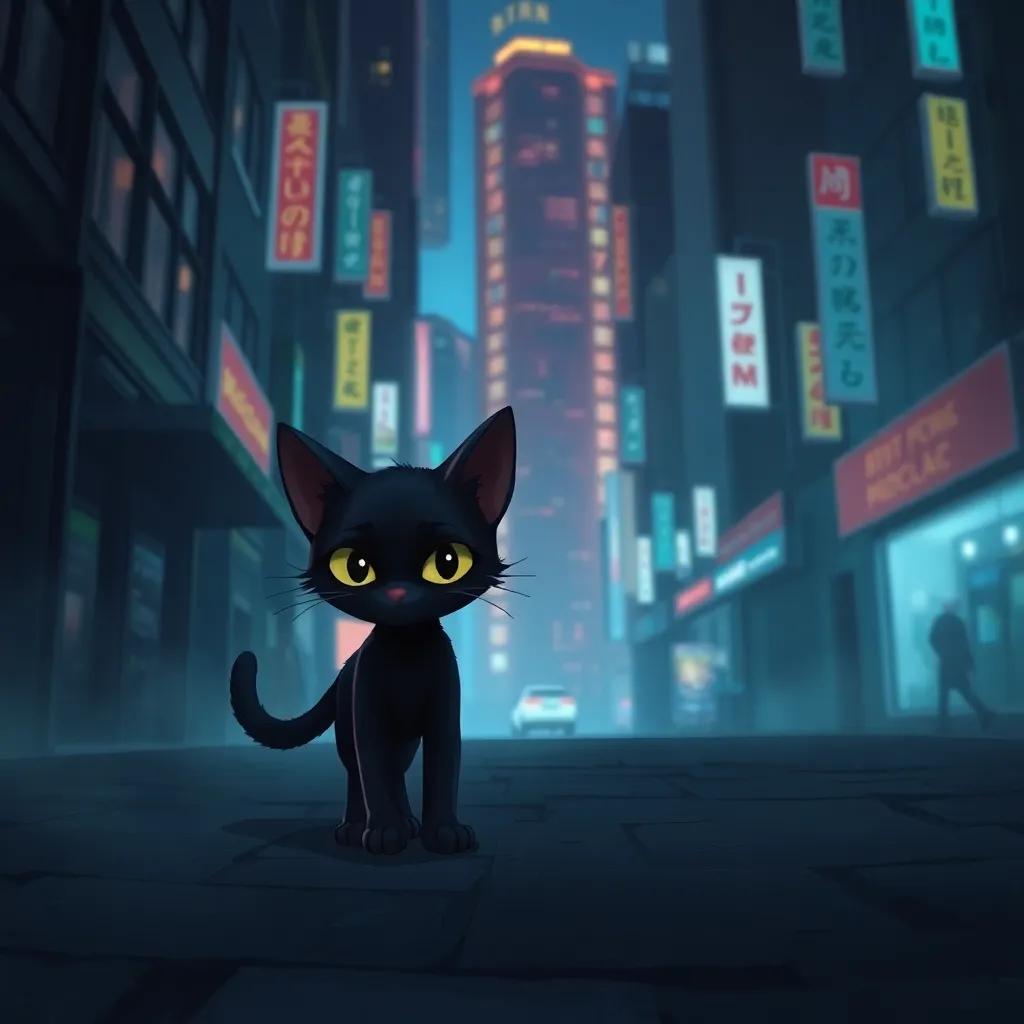 A small black cat named Shadowpaw, wandering in a dark alley of a busy city with tall buildings, looking around for food, night scene, digital art, cool colors, mysterious atmosphere, high quality