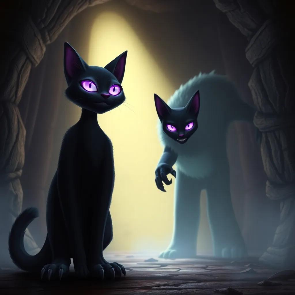 A powerful black cat, Shadowpaw, glowing with purple eyes and sharp claws, standing tall in front of a scary wolf in a dark dungeon, fantasy art, dramatic light, action scene, high quality