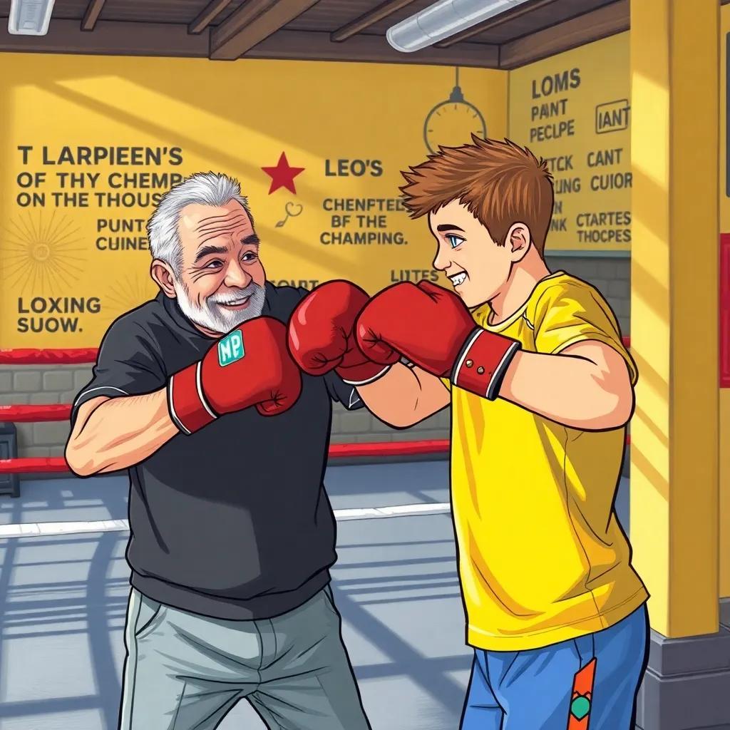 Leo is practicing his punches with an old boxing champion beside him, both smiling, the gym filled with sunlight and motivational quotes on the walls, illustration, cheerful and inspiring, child-friendly